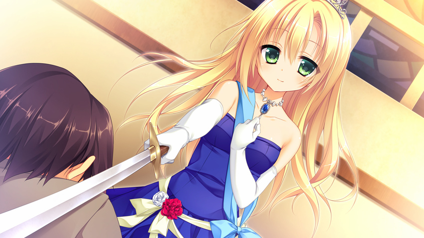 1girl adelheid_von_bergstrasse bare_shoulders blonde_hair blue_dress dress dutch_angle elbow_gloves floral_flowlove game_cg gem gloves green_eyes holding holding_sword holding_weapon indoors jewelry knight knighting long_hair looking_at_viewer matsumiya_kiseri necklace sash smile strapless strapless_dress sword tiara weapon white_gloves