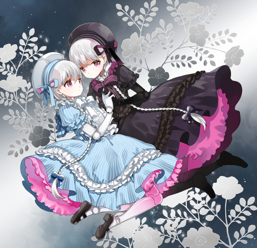 alice_(fate/extra) bangs beret black_dress black_gloves black_hat blue_dress bow bowtie braid doll_joints dress eyebrows_visible_through_hair fate/extra fate_(series) floral_background frilled_dress frilled_sleeves frills full_body gloves hat hat_ribbon holding_hands interlocked_fingers joints legs_up lolita_fashion long_hair midair multiple_girls nursery_rhyme_(fate/extra) purple_eyes ribbon shiosoda shoes short_sleeves silver_hair striped striped_bow striped_neckwear vertical-striped_dress vertical_stripes white_bow white_gloves white_hat white_neckwear