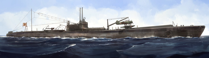 6+boys aircraft akasaai anchor crane deck_gun flag highres i-19_(kantai_collection) i-19_(submarine) imperial_japanese_navy kantai_collection long_hair multiple_boys object_namesake ocean painting periscope purple_hair radio_antenna real_life rising_sun school_swimsuit seaplane submarine sunburst swimsuit twintails very_long_hair wake watercraft world_war_ii yokosuka_e14y