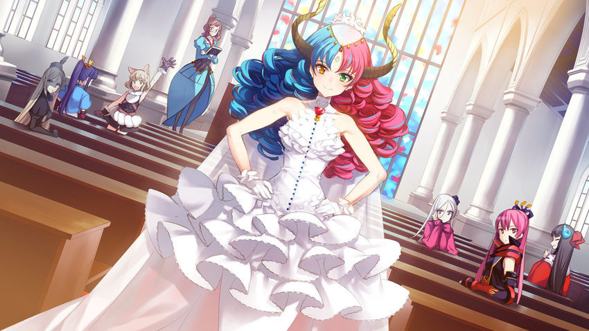 alexander_(eiyuu_senki) animal_ears aristotle_(eiyuu_senki) arm_up bangs blonde_hair blue_hair breasts brown_hair church cigarette closed_eyes colombus_(eiyuu_senki) dress dutch_angle eiyuu_senki eiyuu_senki_gold game_cg gloves green_eyes hair_ornament hands_on_hips heterochromia himiko_(eiyuu_senki) horns indoors long_hair looking_at_viewer looking_back medium_breasts minamoto_no_yoshitsune_(eiyuu_senki) multicolored_hair multiple_girls musashibou_benkei_(eiyuu_senki) oda_nobunaga_(eiyuu_senki) ooyari_ashito open_mouth parted_bangs pink_hair ponytail short_hair smile veil vlad_tepes_(eiyuu_senki) wedding_dress white_gloves white_hair yellow_eyes