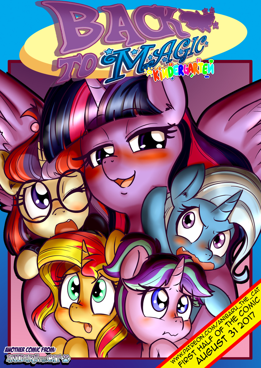 2017 absurd_res anibaruthecat blush english_text equestria_girls equine female feral friendship_is_magic group hair hi_res horn looking_at_viewer mammal moondancer_(mlp) multicolored_hair my_little_pony one_eye_closed open_mouth starlight_glimmer_(mlp) sunset_shimmer_(eg) text trixie_(mlp) twilight_sparkle_(mlp) two_tone_hair unicorn winged_unicorn wings young