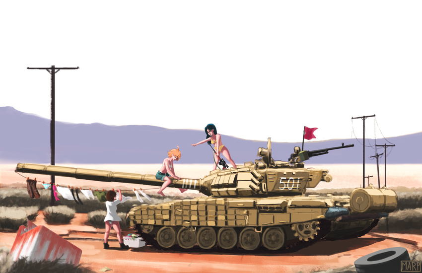 absurdres bra day evening flag ground_vehicle gun highres machine_gun marpaparp military military_vehicle motor_vehicle multiple_girls original panties rifle sky sniper_rifle t-72 tank tree underwear washing_machine weapon