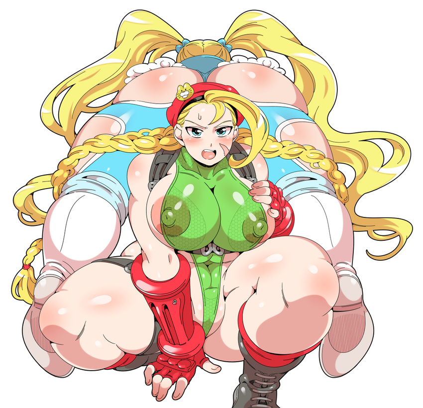 2girls areola_slip areolae ass beret blonde_hair blue_eyes blush breasts cammy_white convenient_censoring doboshiru erect_nipples green_leotard huge_ass huge_breasts large_breasts leotard long_hair multiple_girls open_mouth plump rainbow_mika see-through street_fighter street_fighter_v thick_thighs thong_leotard twintails wrestling_outfit