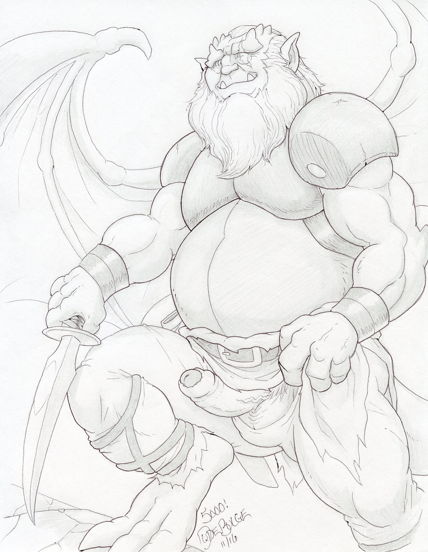 balls beard belt clothing clothing_aside digitigrade disney dragon_wings dudebulge erection facial_hair front_view gargoyle gargoyles greyscale hi_res hudson_(gargoyles) humanoid humanoid_penis loincloth male mature_male membranous_wings monochrome musclegut overweight overweight_male partially_retracted_foreskin pencil_(artwork) penis scalie signature solo spread_wings step_pose traditional_media_(artwork) uncut wings