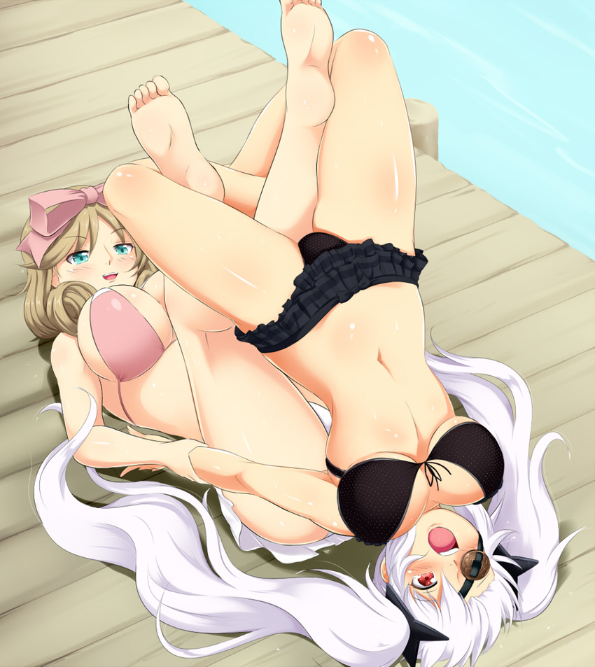 10s 2girls barefoot bikini bow breasts brown_hair eyepatch feet green_eyes hair_bow hair_ornament hair_ribbon haruka_(senran_kagura) highres large_breasts leg_lock long_hair multiple_girls navel open_mouth pantyshot red_eyes ribbon ryona senran_kagura senran_kagura_(series) short_hair smile soles submission_hold swimsuit thighhighs toes twintails underboob underwear underwear_only white_hair wrestling yagyuu_(senran_kagura) yomitrooper