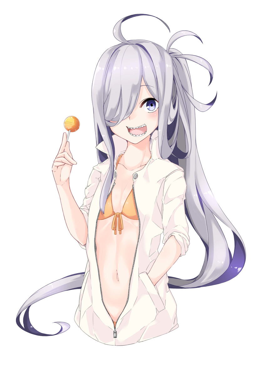 absurdres asashimo_(kantai_collection) bikini blue_eyes candy collarbone commentary_request food front-tie_bikini front-tie_top hair_over_one_eye halter_top halterneck hand_in_pocket highres holding jacket kantai_collection kirishina_(raindrop-050928) lollipop long_hair looking_at_viewer navel open_mouth orange_bikini ponytail sharp_teeth silver_hair simple_background smile solo swimsuit teeth unzipped upper_body very_long_hair white_background white_jacket