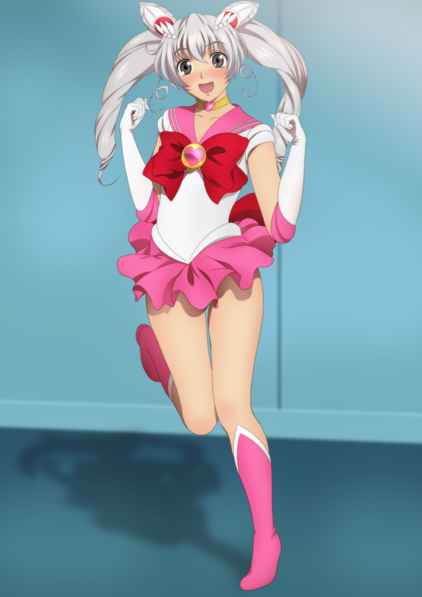 1girl bishoujo_senshi_sailor_moon black_eyes blush boots breasts choker cosplay feet full_body full_metal_panic! gloves grey_hair happy highres indoors legs long_hair looking_at_viewer open_mouth pink_boots pink_skirt sailor_chibi_moon_(cosplay) serafuku shadow silver_hair skirt smile solo standing teletha_testarossa thighs tiara tiptoes twintails white_gloves yadokari_genpachirou