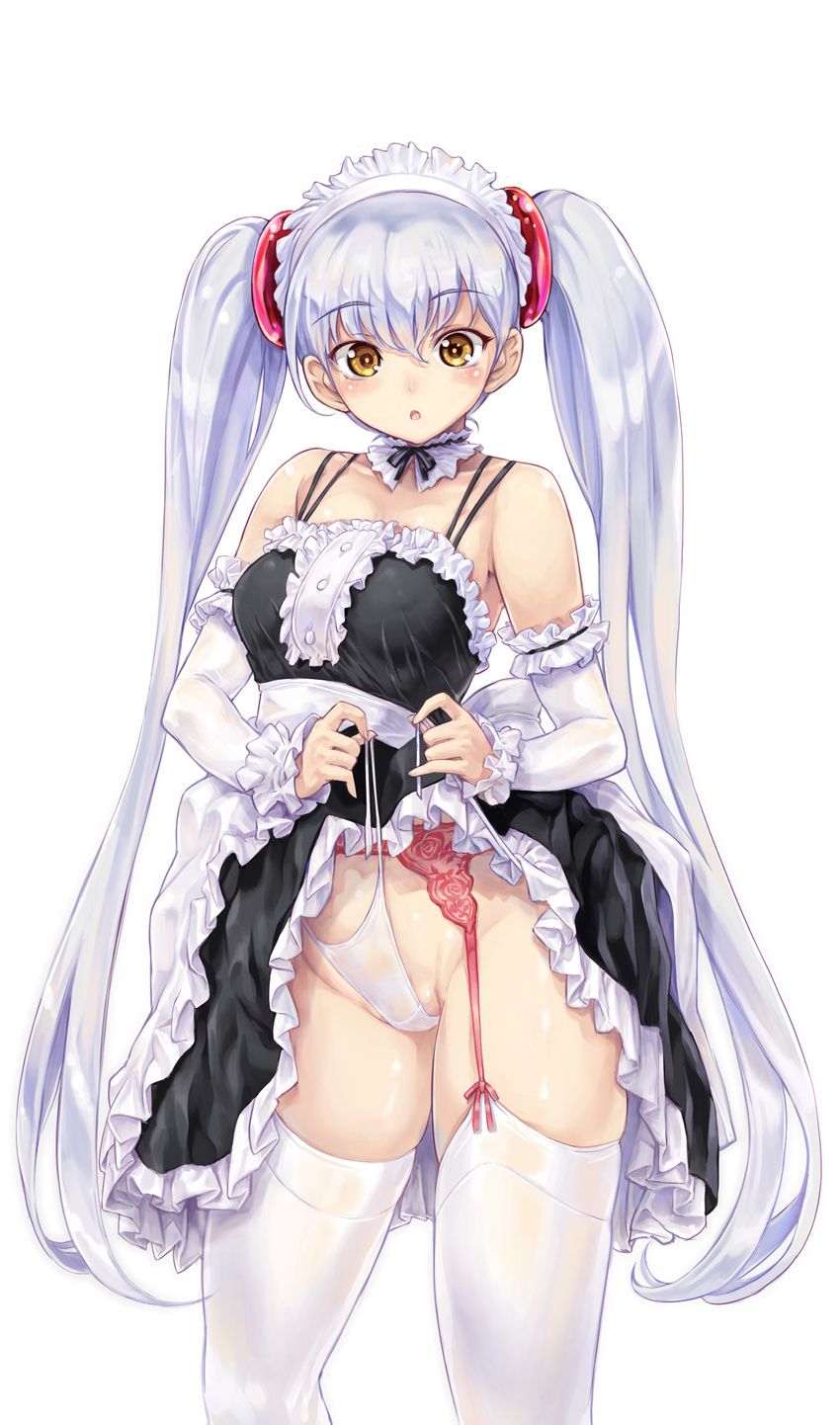 absurdres bare_shoulders blush breasts brown_eyes commentary_request detached_sleeves garter_belt highres hoshino_ruri kidou_senkan_nadesico kiyama_satoshi lifted_by_self long_hair looking_at_viewer maid_headdress medium_breasts panties parted_lips silver_hair simple_background skirt skirt_lift solo thighhighs twintails underwear very_long_hair white_background white_legwear white_panties