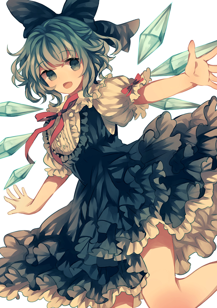 :d blue_dress blue_eyes blue_hair bow cirno dress embellished_costume frilled_skirt frills hair_bow highres legs looking_at_viewer open_hands open_mouth outstretched_arms puffy_short_sleeves puffy_sleeves red_ribbon ribbon short_hair short_sleeves simple_background skirt smile solo spread_arms touhou white_background wings wiriam07