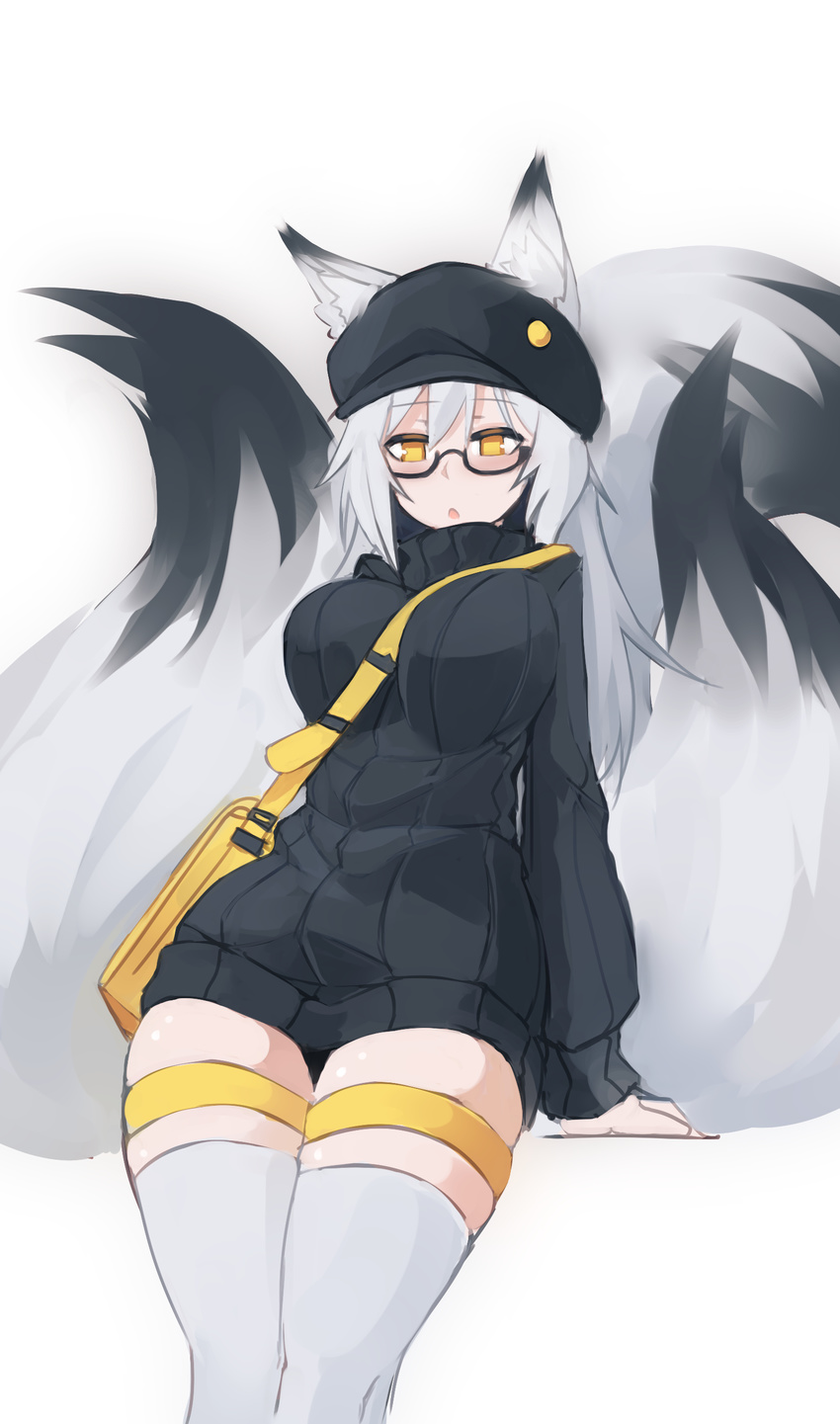 :o absurdres animal_ear_fluff animal_ears bag between_breasts black-framed_eyewear black_sweater borrowed_character breasts ears_through_headwear fox_ears fox_girl fox_tail glasses grey_hair hat highres large_breasts long_hair looking_at_viewer multiple_tails no_pants original ribbed_sweater semi-rimless_eyewear simple_background solo sub-res sweater tail tessa_(jiffic) thigh_strap thighhighs under-rim_eyewear white_background white_legwear yellow_eyes