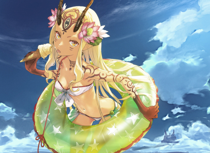 :p ass_visible_through_thighs bandeau bare_shoulders bikini blonde_hair blue_sky breasts butt_crack cleavage cloud cloudy_sky commentary_request cowboy_shot day earrings facial_mark fate/grand_order fate_(series) flower food from_above front-tie_bikini front-tie_top green_innertube hair_flower hair_ornament highres horns ibaraki_douji_(fate/grand_order) ice_cream ice_cream_cone innertube jewelry leaning_forward long_hair looking_at_viewer looking_up md5_mismatch navel redjuice revision side-tie_bikini sidelocks sky small_breasts solo swimsuit tattoo tongue tongue_out very_long_hair yellow_eyes