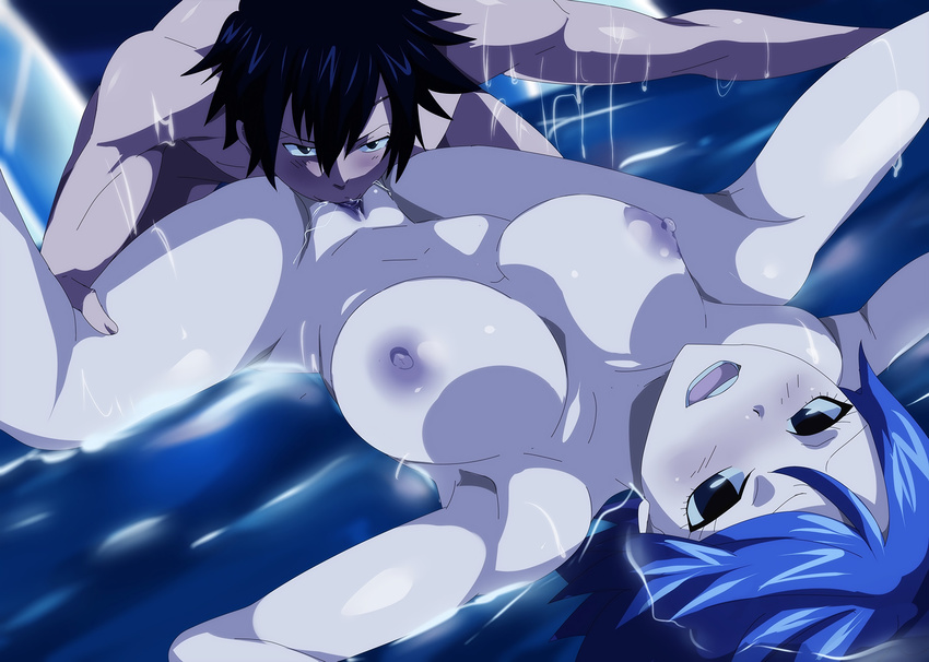 black_hair blue_hair blush breasts fairy_tail gray_fullbuster juvia_loxar nipples open_mouth pussy shaved_pussy