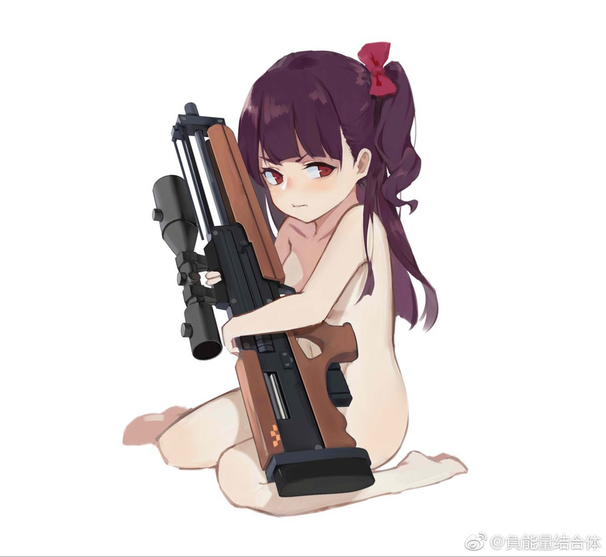 artist_name barefoot blush bow breasts child closed_mouth fu_nengliang_jiegeti girls_frontline gun hair_bow highres long_hair looking_away navel nude object_hug one_side_up purple_hair red_eyes rifle simple_background sitting small_breasts sniper_rifle solo wa2000_(girls_frontline) wariza watermark weapon weibo_logo weibo_username white_background younger