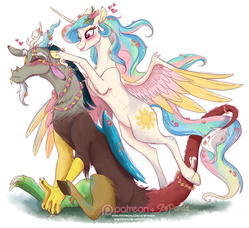 &lt;3 2017 blush discord_(mlp) draconequus duo equine fangs female flower friendship_is_magic horn male mammal my_little_pony one_eye_closed plant princess_celestia_(mlp) sitting stepandy tongue tongue_out winged_unicorn wings wink