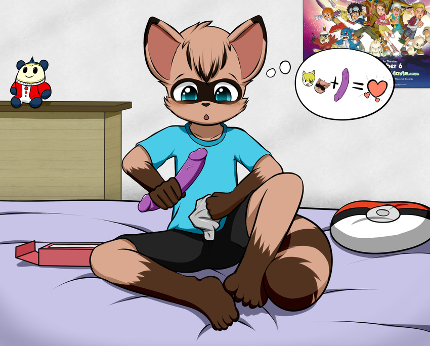 &lt;3 barefoot bed bedroom big_ears black_nose blonde_hair blue_eyes blush brown_fur brown_hair clothed clothing cub detailed_background digimon dildo fur hair human mammal nintendo open_mouth pok&eacute;ball pok&eacute;mon poster raccoon sex_toy short_hair sitting suggestive tongue veemon video_games winterfox young