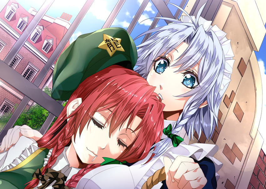 ahoge beret blue_eyes blush bow braid commentary_request day drooling green_bow hair_bow hat hong_meiling ichikawa_ryuunosuke izayoi_sakuya looking_at_another maid maid_headdress multiple_girls outdoors parted_lips red_hair scarlet_devil_mansion silver_hair sleeping star touhou twin_braids upper_body