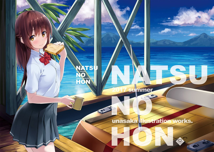 bangs blouse blue_sky blush boat breasts brown_eyes brown_hair closed_mouth cloud cloudy_sky commentary_request cover cover_page cup day doujin_cover eyebrows_visible_through_hair food from_side grey_skirt half_updo hand_up holding holding_cup holding_food long_hair looking_at_viewer medium_breasts mug ocean original outdoors pleated_skirt short_sleeves sidelocks skirt sky smile solo toast unasaka_ryou watercraft white_blouse