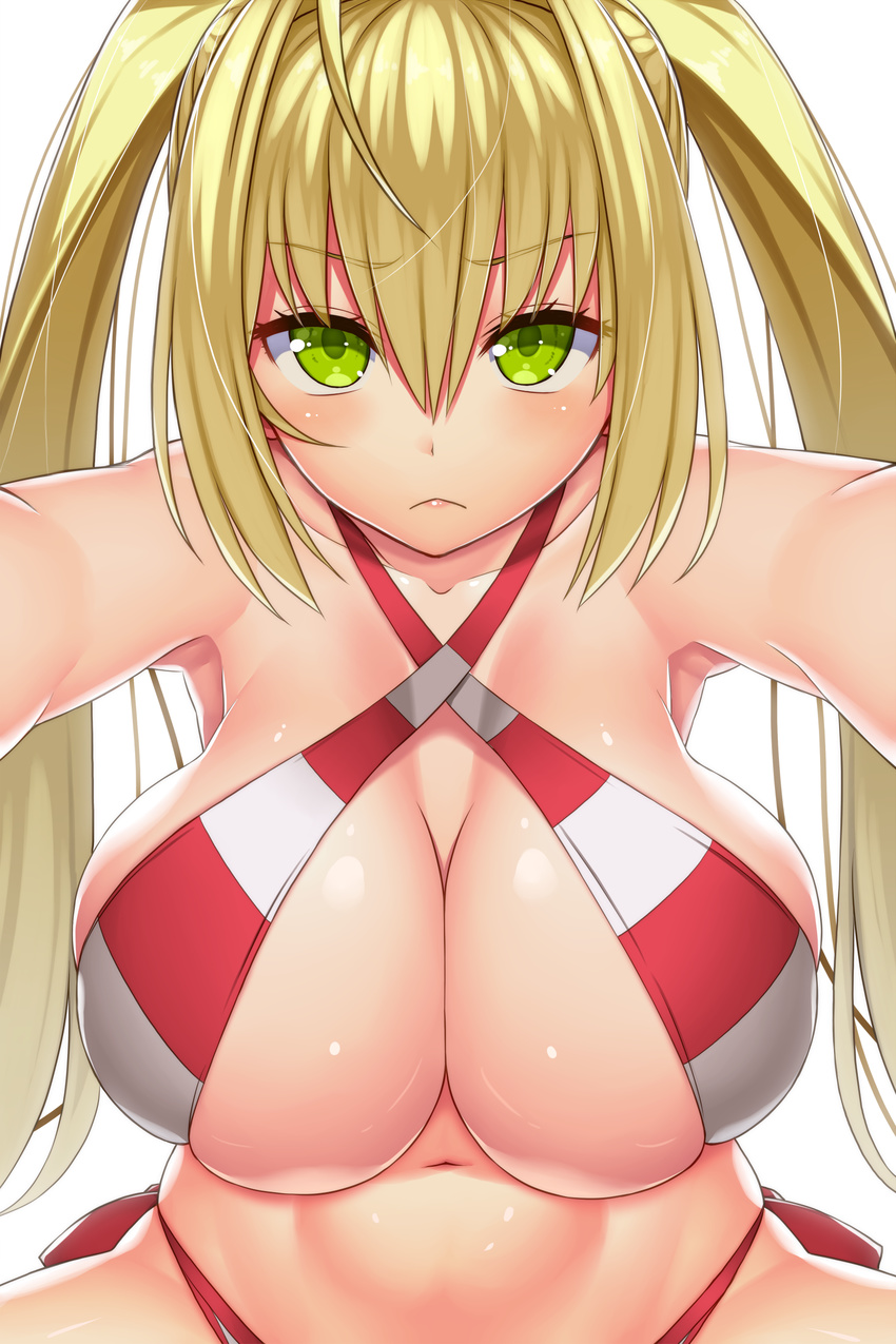 :&lt; asamura_hiori bangs bikini blonde_hair blush breasts cleavage closed_mouth collarbone commentary_request criss-cross_halter eyebrows_visible_through_hair fate/grand_order fate_(series) green_eyes hair_between_eyes halter_top halterneck highres large_breasts long_hair looking_at_viewer nero_claudius_(fate)_(all) nero_claudius_(swimsuit_caster)_(fate) red_bikini simple_background solo striped striped_bikini swimsuit tsurime twintails white_background