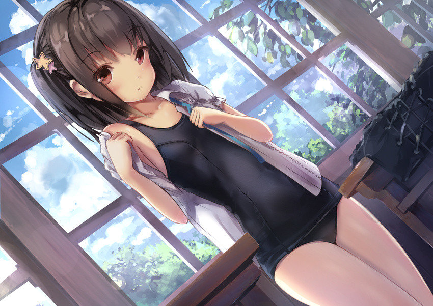 bangs black_hair blue_sky blue_swimsuit blush breasts brown_eyes classroom cloud cloudy_sky commentary_request day dutch_angle eyebrows_visible_through_hair hair_ornament hands_up highres indoors looking_at_viewer missile228 no_pants one-piece_swimsuit one_side_up open_clothes open_shirt original parted_lips school_swimsuit shirt short_hair sidelocks sky small_breasts solo standing star star_hair_ornament swimsuit swimsuit_under_clothes thighs undressing window