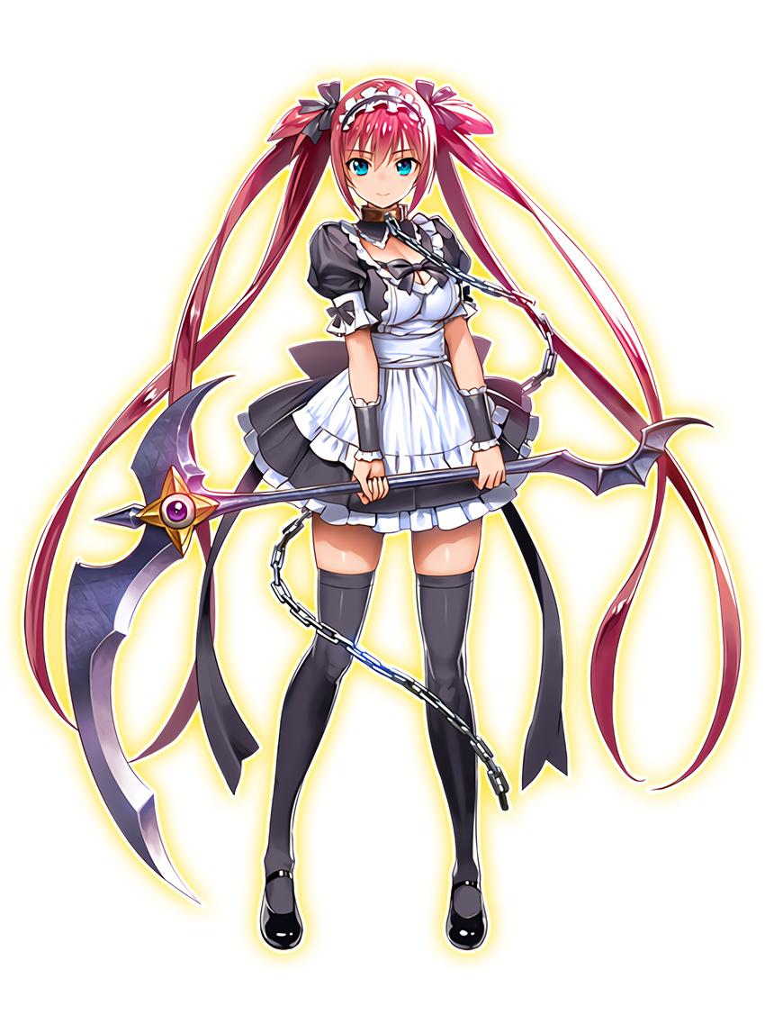 1girl airi_(queen's_blade) artist_request bangs black_legwear blue_eyes bow bowtie breasts chains cleavage collar dress female full_body holding holding_weapon long_hair looking_at_viewer maid_headdress mary_janes medium_breasts official_art puffy_short_sleeves puffy_sleeves queen's_blade queen's_blade_unlimited red_hair redesign ribbon scythe shoes short_dress short_sleeves smile solo standing thighhighs transparent_background twintails very_long_hair weapon wrist_cuffs zettai_ryouiki