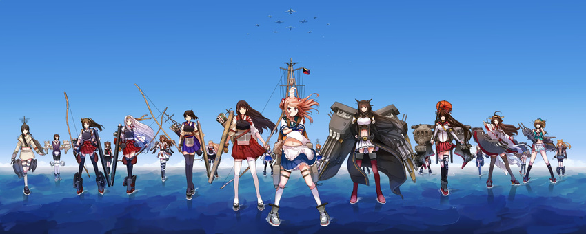 abukuma_(kantai_collection) ahoge aircraft akagi_(kantai_collection) akebono_(kantai_collection) akizuki_(kantai_collection) apron armor armored_boots arrow asymmetrical_legwear bangs bike_shorts black_footwear black_gloves black_hair black_legwear black_serafuku black_skirt blonde_hair blue_hakama blue_skirt bodysuit boots bow bow_(weapon) braid breasts brown_eyes brown_hair bunny buttons cannon closed_mouth clothes_writing coat collar commentary detached_sleeves double_bun dress eyebrows_visible_through_hair flag flight_deck forehead_protector full_body gloves green_bow gun gunbuster_pose hair_between_eyes hair_bobbles hair_bow hair_bun hair_ornament hair_ribbon hair_rings hakama hakama_skirt half_updo hand_on_hip hat headband headgear highres jacket japanese_clothes jintsuu_(kantai_collection) kaga_(kantai_collection) kamezou_(kame-zo) kantai_collection kasumi_(kantai_collection) kikumon kimono kitakami_(kantai_collection) kneehighs kongou_(kantai_collection) loafers long_sleeves looking_at_viewer machinery mast maya_(kantai_collection) midriff midriff_peek military military_uniform miniskirt multiple_girls muneate myoukou_(kantai_collection) nagato_(kantai_collection) navel neck_ribbon neckerchief nontraditional_miko oboro_(kantai_collection) ocean one_eye_closed open_mouth orange_hair oriental_umbrella partly_fingerless_gloves pinafore_dress pink_eyes pink_hair pleated_skirt pointing ponytail quiver red_eyes red_footwear red_hakama red_legwear red_neckwear red_ribbon remodel_(kantai_collection) ribbon ribbon-trimmed_sleeves ribbon_trim rigging rudder_shoes sandals sazanami_(kantai_collection) scarf school_uniform serafuku shigure_(kantai_collection) shoes short_hair short_sleeves shoukaku_(kantai_collection) side_ponytail silver_hair single_braid skirt smile standing standing_on_liquid straight_hair tasuki thigh_boots thighhighs torpedo torpedo_tubes turret twintails umbrella uniform water weapon white_hair white_kimono white_legwear white_scarf white_skirt wide_sleeves yamato_(kantai_collection) yugake yuudachi_(kantai_collection) zuikaku_(kantai_collection)
