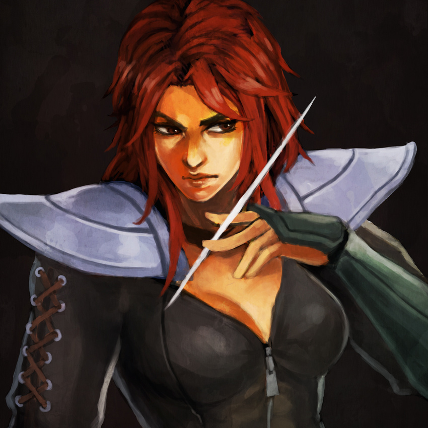 absurdres black_background breasts brown_eyes cleavage dark_background facing_viewer gauntlets highres hokuto_no_ken holding holding_needle holding_weapon lace long_hair long_sleeves looking_away looking_to_the_side mamiya medium_breasts monori_rogue needle non-web_source paid_reward patreon_reward red_hair shoulder_pads simple_background solo weapon zipper