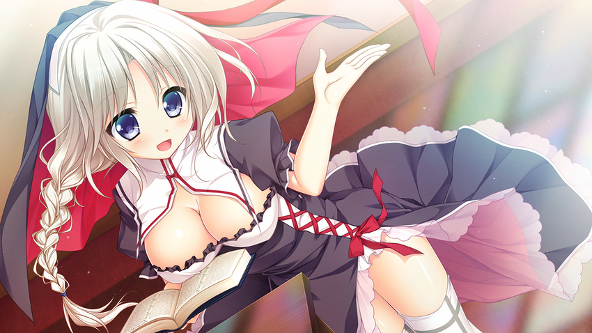 aoi_suu blue_eyes blush book braid breasts cleavage dutch_angle floral_flowlove game_cg habit large_breasts long_hair matsumiya_kiseri open_book open_mouth petticoat puffy_short_sleeves puffy_sleeves ribbon-trimmed_clothes ribbon_trim short_sleeves side_slit single_braid smile thighhighs veil white_hair