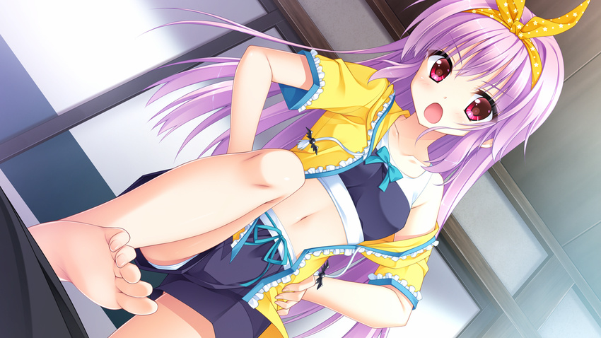 barefoot covered_nipples dutch_angle floral_flowlove frills game_cg hair_down hairband hands_on_hips indoors leg_up long_hair looking_at_viewer midriff moribe_(rabumanyo) navel open_mouth panties panty_peek pink_eyes purple_hair saisu_riku shorts sports_bra stepped_on underwear white_panties