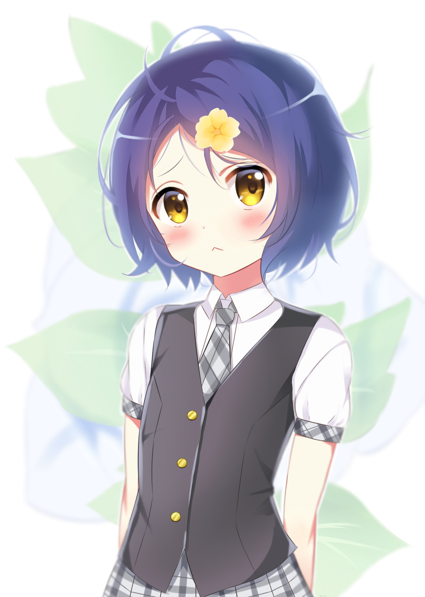 :&lt; alternate_costume arms_at_sides blue_hair blush closed_mouth deyui flower gochuumon_wa_usagi_desu_ka? grey_neckwear grey_skirt hair_flower hair_ornament highres jouga_maya looking_at_viewer necktie plaid plaid_skirt short_hair short_sleeves skirt solo striped striped_neckwear tedeza_rize's_school_uniform yellow_eyes