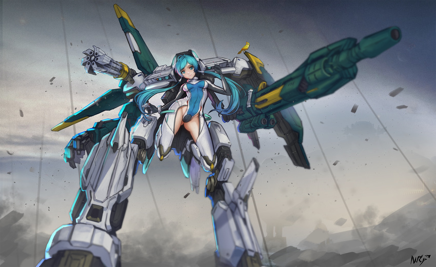 animal ass_visible_through_thighs bastion_(overwatch) bird black_gloves blue_bodysuit bodysuit breasts breasts_apart cannon closed_mouth cloud cloudy_sky commentary_request covered_navel covered_nipples day full_body ganymede_(overwatch) gatling_gun gloves gradient gradient_hair green_eyes green_hair groin gun gundam gundam_seed hand_up highres long_hair long_sleeves looking_at_viewer low_twintails mecha_musume mechanical_arms medium_breasts minigun multicolored_hair outdoors overwatch personification pink_hair rifle sky solo streaked_hair strike_gundam tsuki_no_i-min turtleneck twintails two-tone_hair weapon