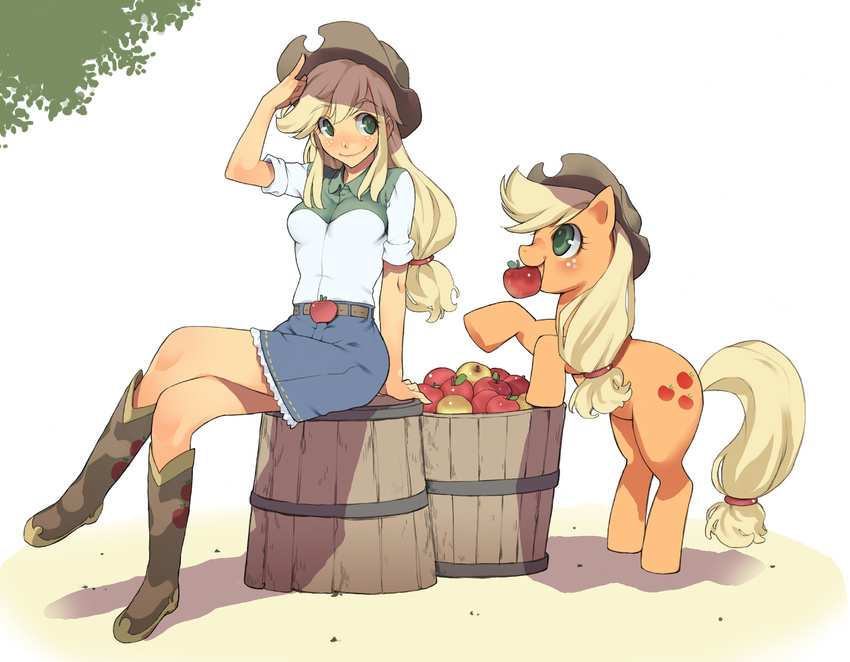 apple apple_print applejack arm_support bangs belt blonde_hair blue_skirt blush boots breasts brown_footwear brown_hat bucket closed_mouth collared_shirt commentary_request crossed_legs eyebrows_visible_through_hair food fruit full_body green_eyes hat highres horse horse_tail knee_boots long_hair looking_at_another low-tied_long_hair medium_breasts mouth_hold my_little_pony my_little_pony_equestria_girls my_little_pony_friendship_is_magic personification profile shadow shirt short_sleeves sitting skirt smile standing swept_bangs tail takeda_sun white_background white_shirt wing_collar