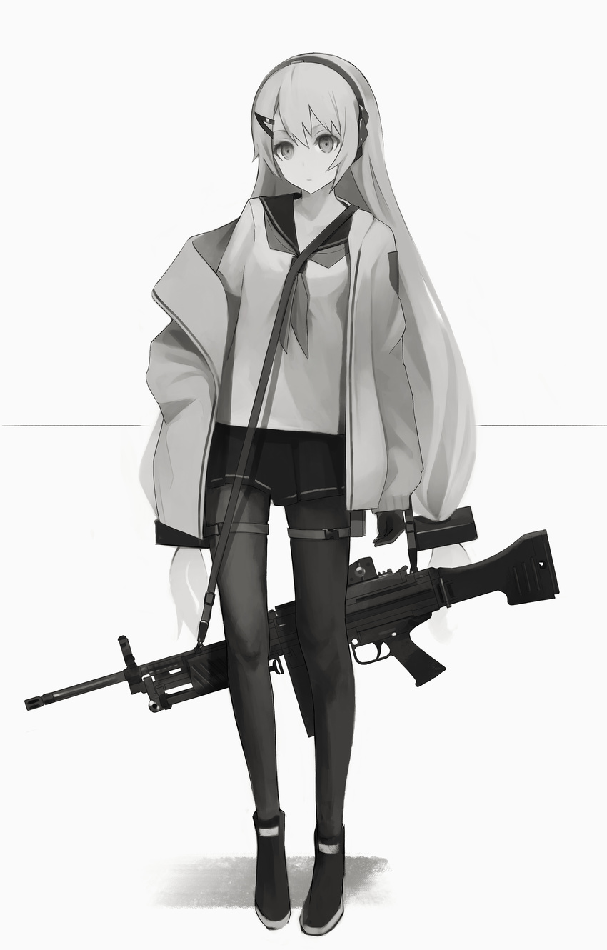 absurdres bangs black_footwear black_legwear black_skirt closed_mouth commentary_request expressionless full_body girls_frontline greyscale gyup h&amp;k_mg4 hair_ornament hairclip headphones highres hood hoodie long_hair mg4_(girls_frontline) miniskirt monochrome open_clothes open_hoodie pantyhose pleated_skirt school_uniform serafuku shoes skirt sneakers solo standing