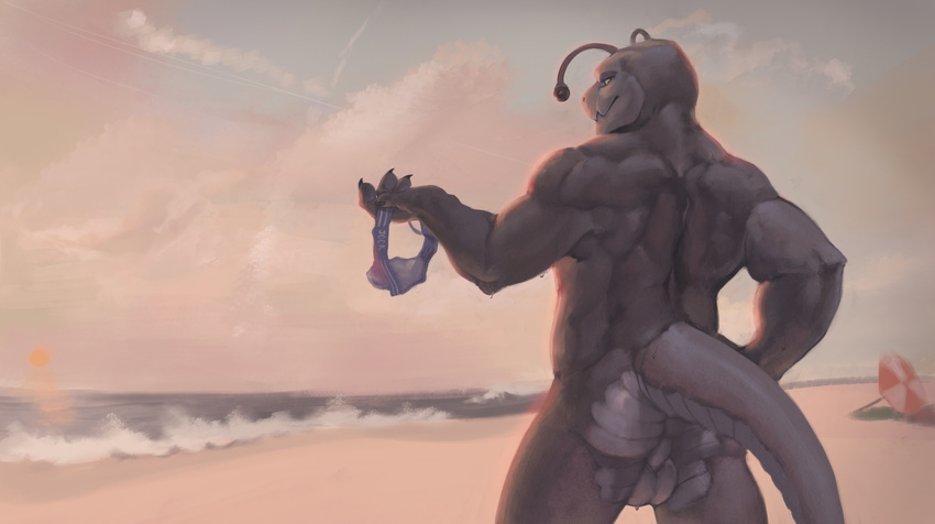 2015 absurd_res alien anthro arthropod athletic back_muscles backsack balls beach biceps butt claws clothing day digital_media_(artwork) domo_(ben300) eyrich hand_on_hip hi_res holding_object holding_underwear insect jockstrap looking_at_viewer looking_back male muscular muscular_male nude outside perineum portrait presenting rear_view sand sea seaside sky smile smirk solo standing sunset three-quarter_portrait umbrella underwear water