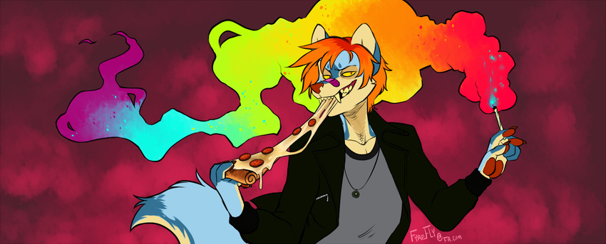 2017 5_fingers canine claws clothed clothing digital_media_(artwork) drugs eating fangs fluffy fluffy_tail food fur fyrefly grin hair jacket jewelry looking_at_viewer male mammal marijuana multicolored_fur necklace orange_hair pawpads pizza rainbow red_background shirt signature simple_background smile smoke smoking solo teeth widescreen wolf