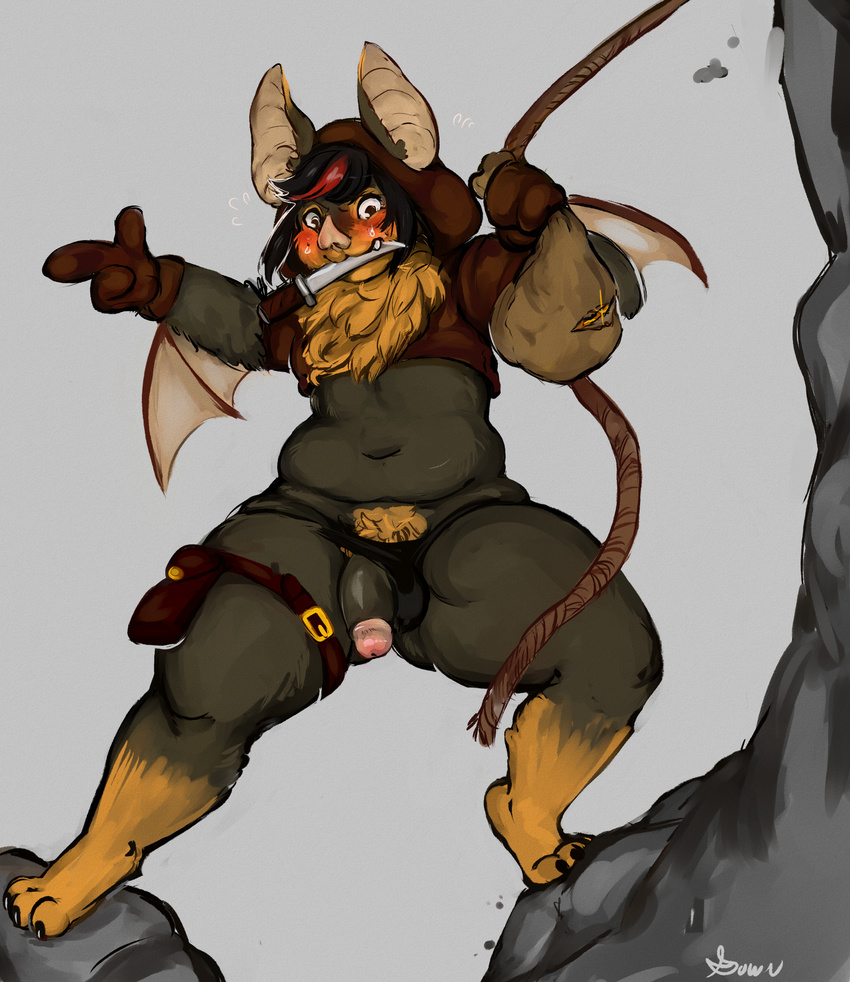 2017 3_fingers 3_toes :3 action_pose anthro bag barefoot bat belly biped black_clothing black_fur black_hair black_penis blush body_hair brown_clothing brown_eyes brown_fur chest_tuft claws cliff clothing coin crop_top dagger deep_navel digital_media_(artwork) digital_painting_(artwork) digitigrade embarrassed exposed fangs flaccid fluffy flying_sweatdrops full-length_portrait fur gold_(metal) gold_coin grey_background guwu hair happy_trail hi_res hindpaw holding_object hoodie humanoid_hands looking_at_penis looking_down male mammal markings melee_weapon membranous_wings multicolored_fur multicolored_hair navel object_in_mouth outside overweight overweight_male paws penis pointing portrait red_hair rope sev_(pelao0o) shirt short_hair signature simple_background socks_(marking) solo spread_wings standing sweat sweatdrop thong toe_claws toes tuft two_tone_fur two_tone_hair underwear underwear_aside wardrobe_malfunction weapon wings