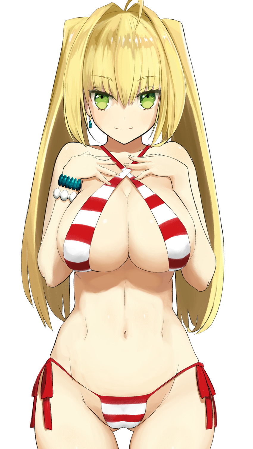 ahoge alternate_hairstyle bangs bikini blonde_hair breast_suppress breasts cleavage closed_mouth commentary_request criss-cross_halter dh_ead eyebrows_visible_through_hair fate/grand_order fate_(series) frown green_eyes groin hair_between_eyes hair_intakes halterneck hands_on_own_chest highres hips large_breasts long_hair looking_at_viewer navel nero_claudius_(fate)_(all) nero_claudius_(swimsuit_caster)_(fate) red_bikini side-tie_bikini sidelocks simple_background smile solo striped striped_bikini swimsuit thighs tsurime twintails white_background