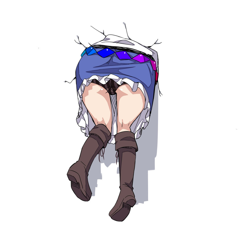 ass black_panties blue_skirt boots brown_footwear commentary_request from_behind highres hinanawi_tenshi knee_boots lower_body neropaso panties simple_background skirt solo striped striped_panties stuck touhou underwear vertical-striped_panties vertical_stripes white_background