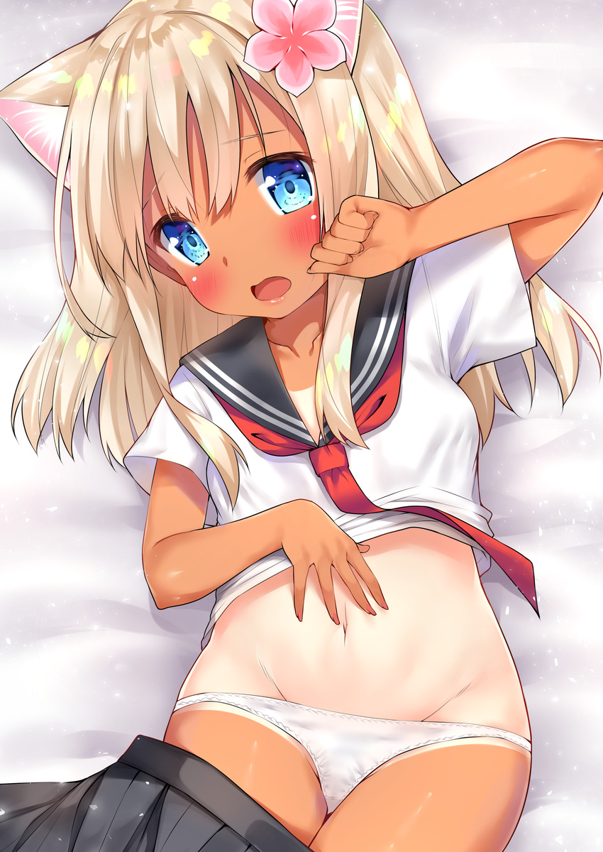 absurdres animal_ears bed black_skirt blue_eyes blush cat_ears commentary_request flower go-1 hair_flower hair_ornament highres kantai_collection navel open_mouth panties pleated_skirt red_ribbon ribbon ro-500_(kantai_collection) school_uniform serafuku simple_background skirt tan tanline underwear white_panties