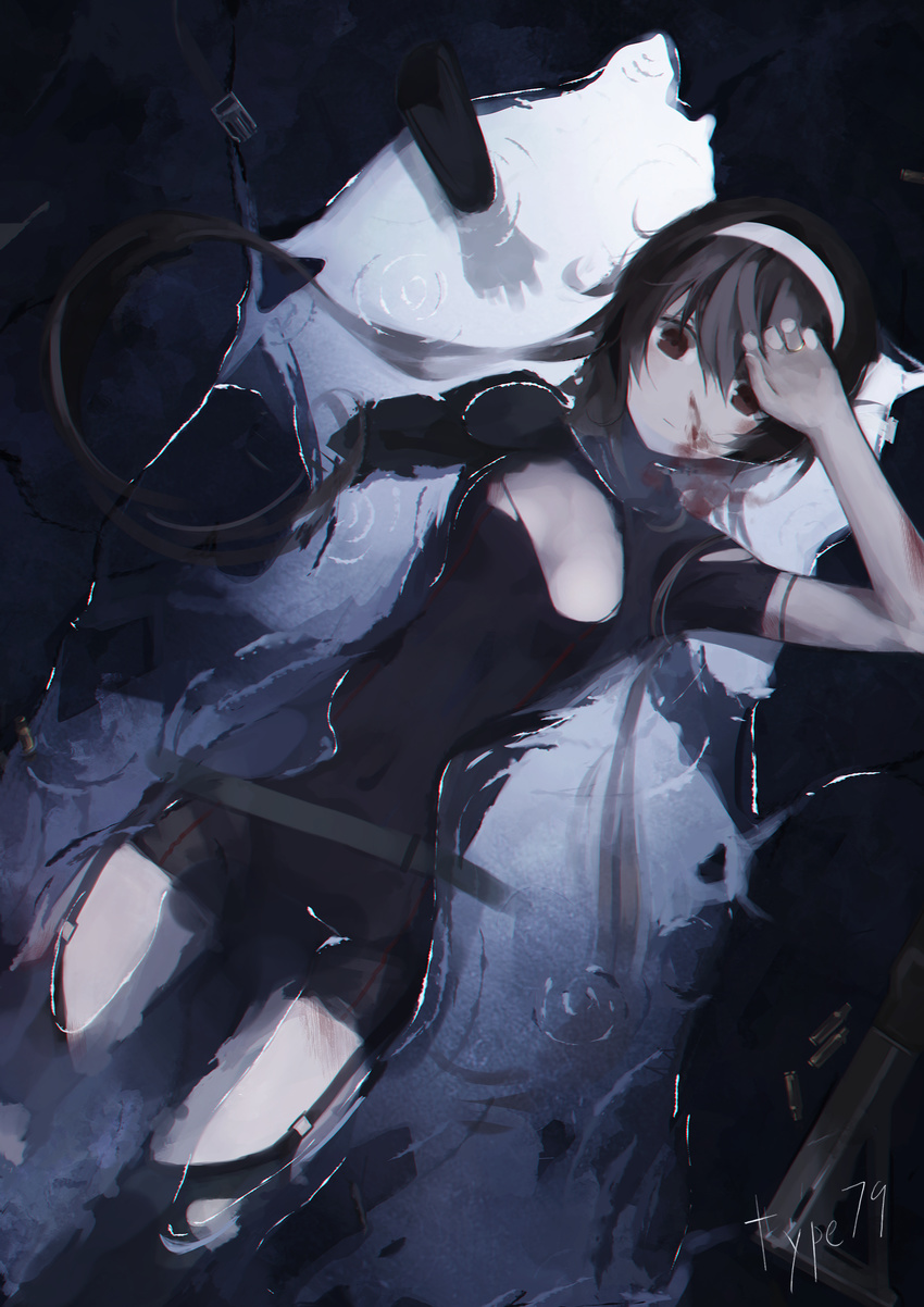 absurdres arm_up bad_id bad_pixiv_id bangs black_dress black_hair black_legwear blood brown_eyes character_name commentary dress garter_straps girls_frontline gyup hair_between_eyes hairband highres long_hair lying on_back partially_submerged puddle ripples short_sleeves solo thighhighs type_79_(girls_frontline) type_79_smg water_surface