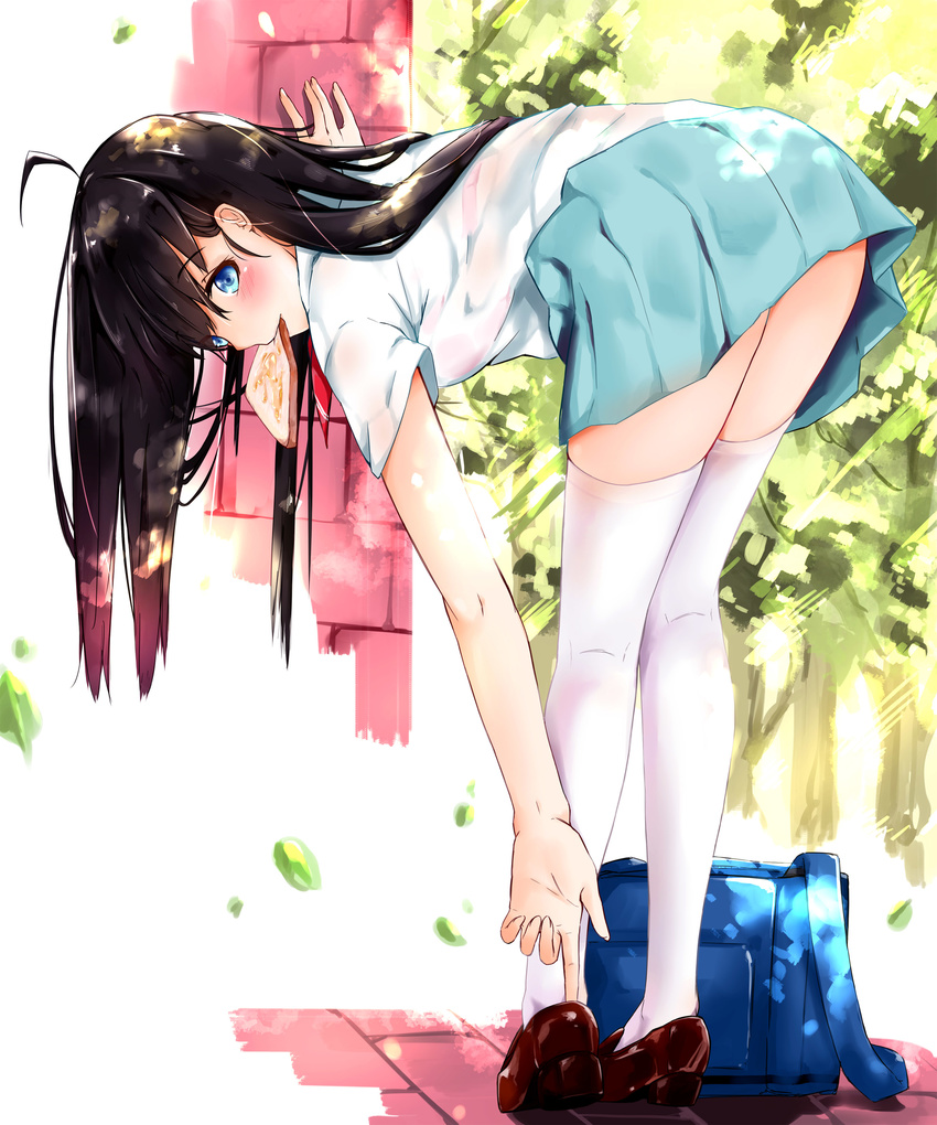 absurdres adjusting_clothes adjusting_shoe ass bag bangs bent_over black_hair blue_eyes blush brown_footwear brown_hair commentary_request day eyebrows_visible_through_hair fingernails food food_in_mouth from_behind green_skirt hair_between_eyes highres hmw_(pixiv7054584) loafers long_fingernails long_hair looking_at_viewer looking_back miniskirt mouth_hold original outdoors pleated_skirt school_bag school_uniform shirt shoes short_sleeves shoulder_bag skirt solo thighhighs toast toast_in_mouth white_legwear white_shirt