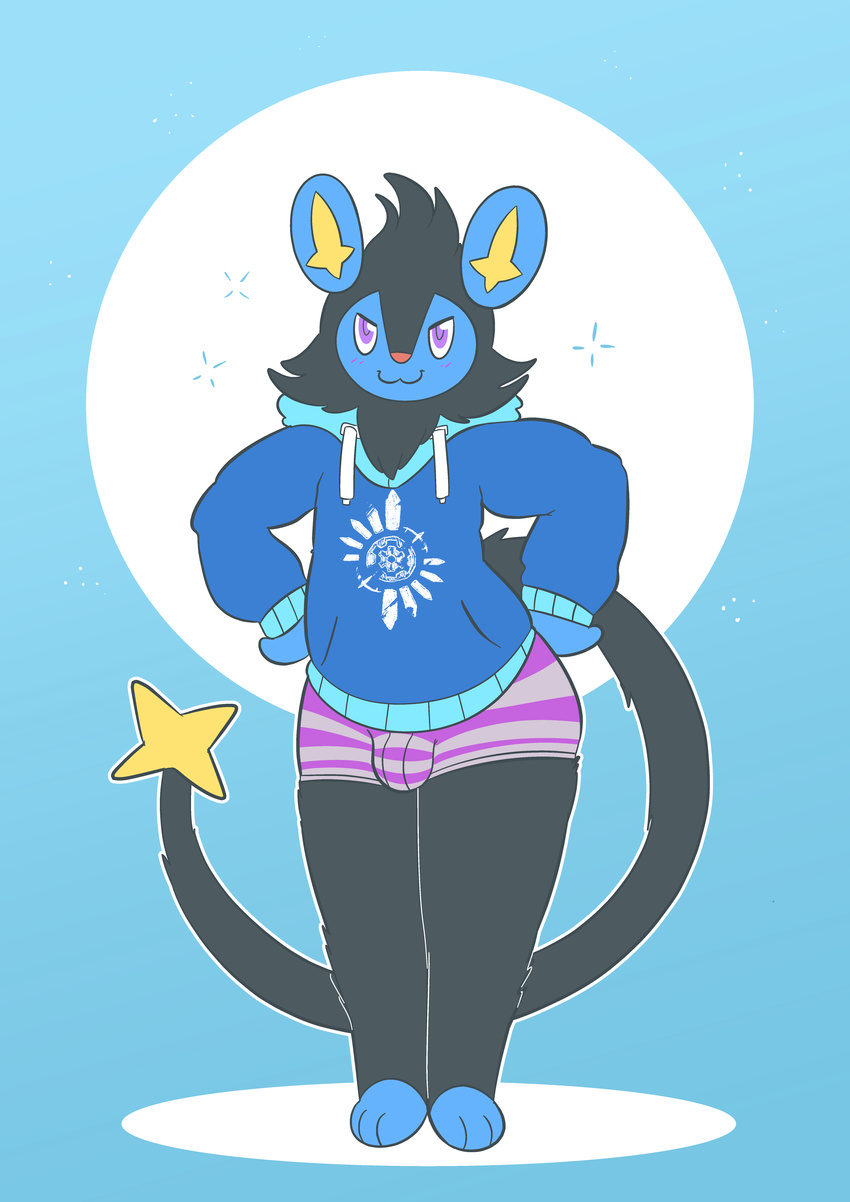 2017 anthro black_fur blue_fur blush bulge cat-boots clothed clothing cute digital_media_(artwork) electric_type fan_character feline fur hi_res hoodie invalid_tag luxio male mammal nintendo pok&eacute;mon pok&eacute;mon_mystery_dungeon purple_eyes simple_background smile smug solo underwear video_games