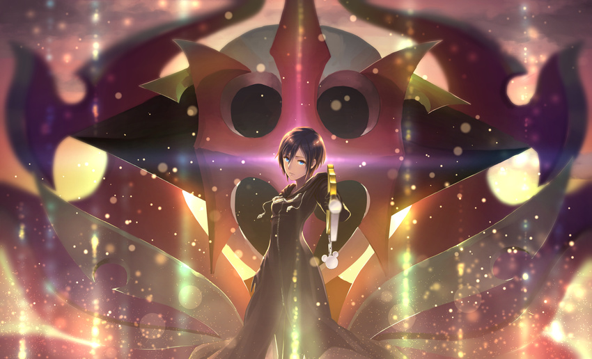 black_coat black_coat_(kingdom_hearts) black_hair blue_eyes blurry commentary_request depth_of_field dual_persona gogo_(detteiu_de) highres keyblade kingdom_hearts kingdom_hearts_358/2_days light_particles looking_at_viewer pointing_weapon sad short_hair spoilers sunset xion_(kingdom_hearts)