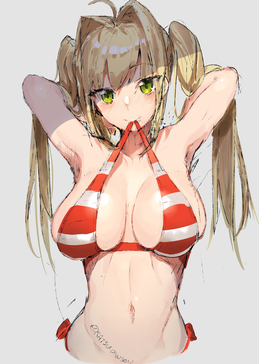 absurdres ahoge armpits arms_up artist_name bikini_in_mouth blonde_hair breasts fate/grand_order fate_(series) green_eyes highres katsudansou large_breasts midriff mouth_hold navel nero_claudius_(fate)_(all) nero_claudius_(swimsuit_caster)_(fate) sketch striped striped_swimsuit swimsuit twintails twitter_username