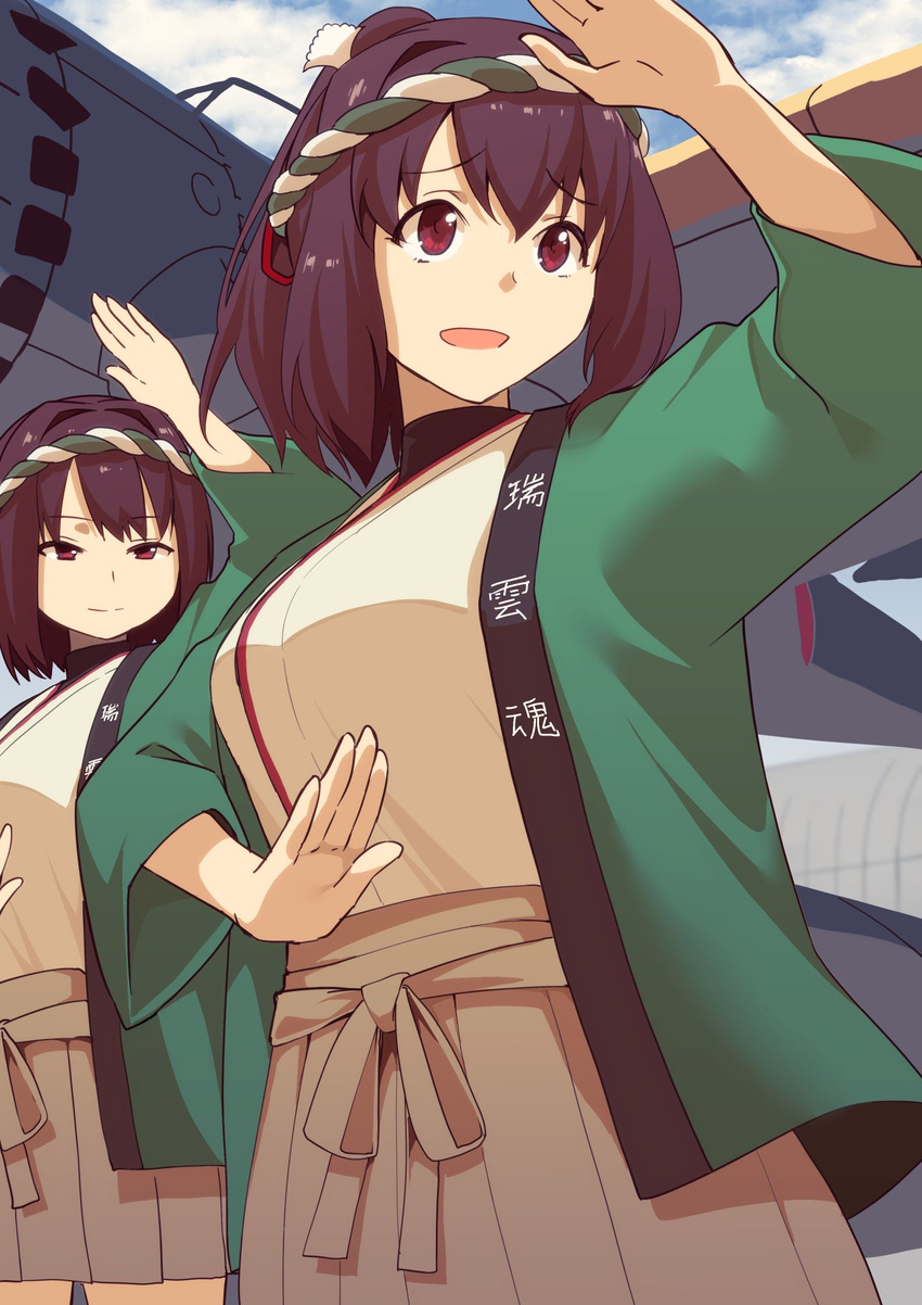 :d brown_eyes brown_hair brown_skirt commentary_request day hachimaki headband highres hyuuga_(kantai_collection) ise_(kantai_collection) japanese_clothes kantai_collection long_sleeves masukuza_j multiple_girls nejiri_hachimaki open_mouth pleated_skirt ponytail short_hair skirt smile