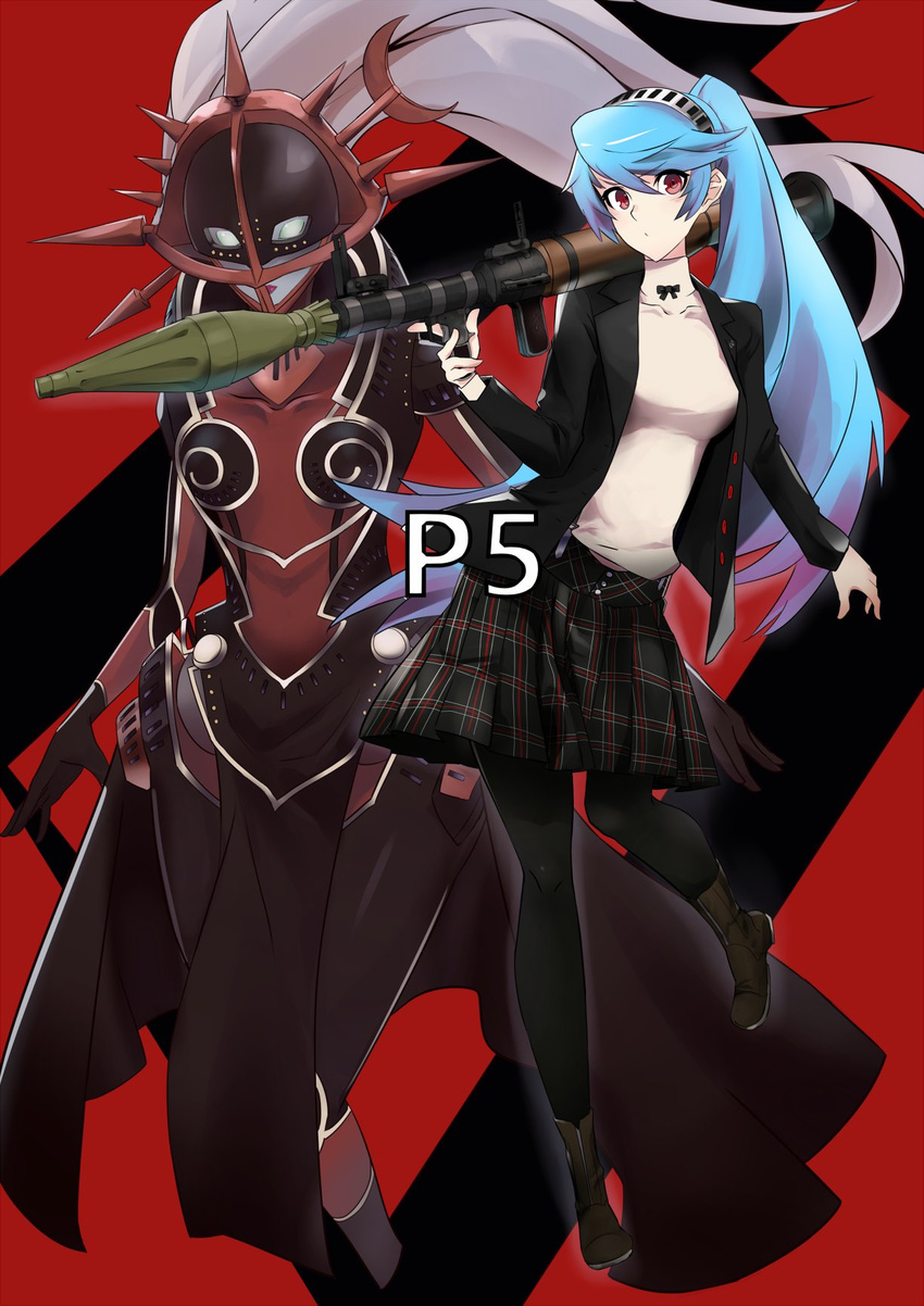 ariadne_(persona) armor black_jacket blue_hair boots breasts brown_footwear checkered checkered_skirt closed_mouth hairband highres holding holding_weapon jacket labrys long_hair looking_at_viewer medium_breasts open_clothes open_jacket over_shoulder pantyhose persona persona_4:_the_ultimate_in_mayonaka_arena persona_5 rdc7229 red_background red_eyes ribbon rocket_launcher rpg school_uniform shirt shuujin_academy_uniform skirt trigger_discipline turtleneck weapon weapon_over_shoulder white_shirt