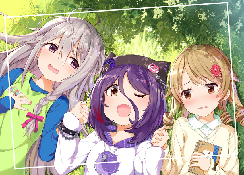 ;d black_hat blush brown_eyes brown_hair eyebrows_visible_through_hair girl_sandwich hat hayasaka_mirei holding_hand hoshi_shouko idolmaster idolmaster_cinderella_girls individuals long_hair looking_at_another looking_at_viewer lying morikubo_nono multiple_girls on_back one_eye_closed open_mouth parted_lips purple_eyes purple_hair sandwiched short_hair silver_hair smile takasaka_donten wavy_mouth