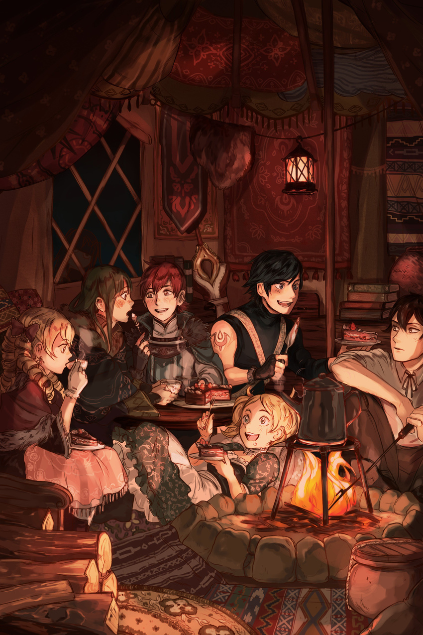 3girls absurdres black_hair blonde_hair bowl bowl_hat brown_hair cloak drill_hair falchion_(fire_emblem) female_my_unit_(fire_emblem:_kakusei) fire_emblem fire_emblem:_kakusei frederik_(fire_emblem) grin hat highres indoors katy_ho krom liz_(fire_emblem) long_hair mariabel_(fire_emblem) multiple_boys multiple_girls my_unit_(fire_emblem:_kakusei) red_hair richt_(fire_emblem) short_hair sitting smile sword tharja weapon when_you_see_it