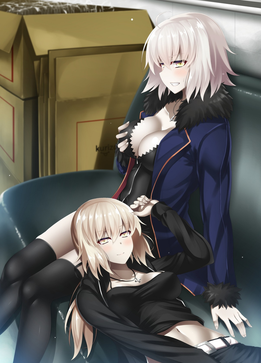 ahoge artoria_pendragon_(all) asakura_kukuri bangs black_camisole black_dress black_legwear blush breasts camisole cleavage clenched_teeth collarbone commentary_request couch cross cross_necklace dress fate/grand_order fate_(series) from_side fur_trim hair_ribbon highres jacket jeanne_d'arc_(alter)_(fate) jeanne_d'arc_(fate)_(all) jewelry lap_pillow large_breasts looking_at_viewer looking_to_the_side low_ponytail medium_breasts midriff multiple_girls navel necklace open_clothes open_jacket platinum_blonde_hair ribbon saber_alter self_fondle short_dress silver_hair sitting smile strapless teeth thighhighs tubetop wicked_dragon_witch_ver._shinjuku_1999 yellow_eyes