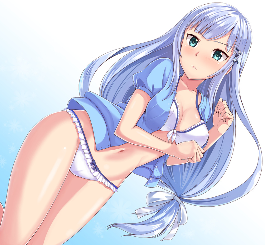 bikini blue_eyes blush breasts cleavage dan_(orange_train) dress idolmaster idolmaster_million_live! idolmaster_million_live!_theater_days long_hair looking_at_viewer medium_breasts puffy_short_sleeves puffy_sleeves shiraishi_tsumugi short_sleeves silver_hair solo swimsuit swimsuit_under_clothes white_bikini