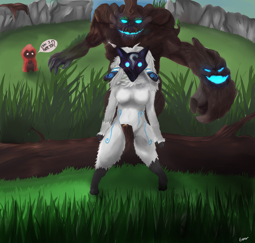 anthro breasts bush_(disambiguation) caprine convenient_censore emotionless enster enster_(artist) fur grass grin happy invalid_tag lamb_(league_of_legends) lamb_(lol) laugh league_of_legends mammal maokai maokai_(league_of_legends) maokai_(lol) mask minion riot_games sad sheep smile speech_bubble video_games wall_(disambiguation) water